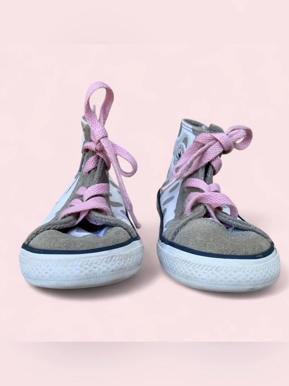 Converse Kids High-Top Sneakers White Gray Polka Dot with Pink Laces Girls 10